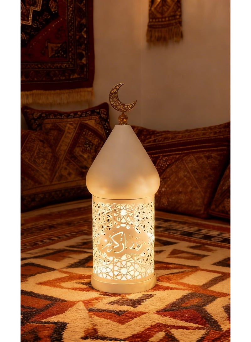 Ramadan Moroccan Lantern, White Hollow Out Metal LED Light with Gold Moon Topper for Indoor Outdoor Home Decor, Table Centerpieces, Ramadan, Eid, Wedding Decorations, FD778-S - Image 1
